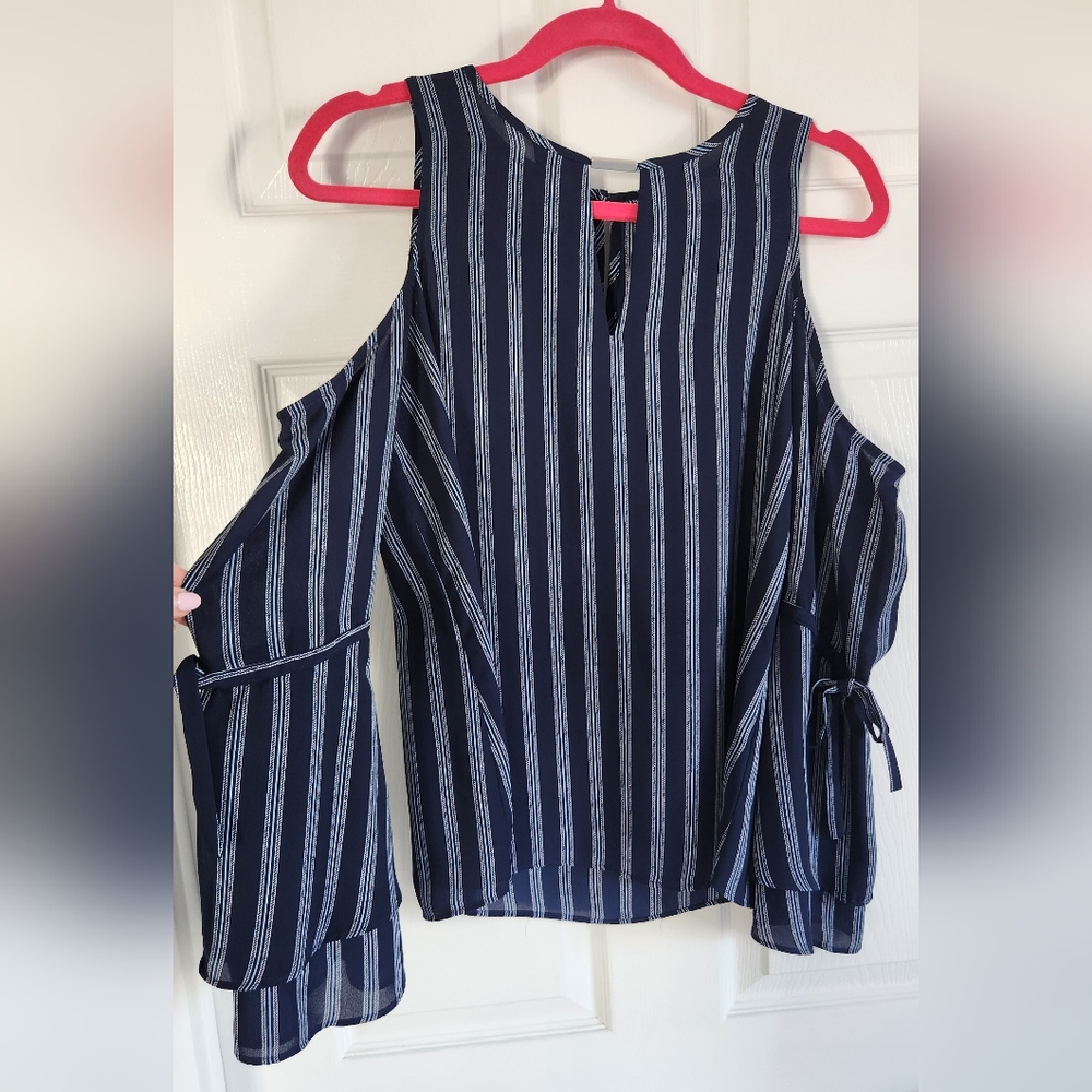 Michael Kors Navy and White Striped Cold-Shoulder Blouse